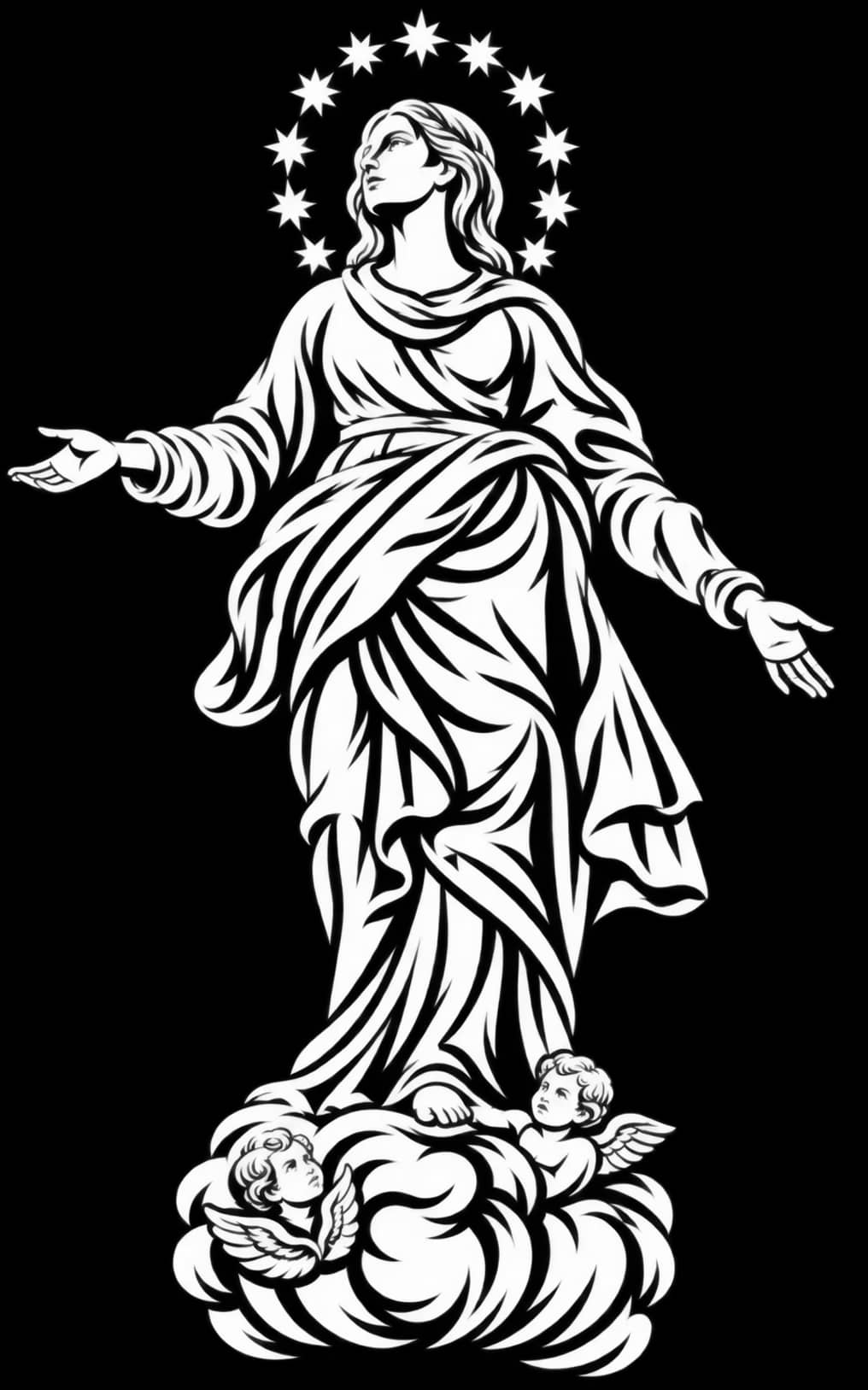 Illustration of La Madonnina, the gilded statue atop the Duomo, arms open beneath a crown of stars