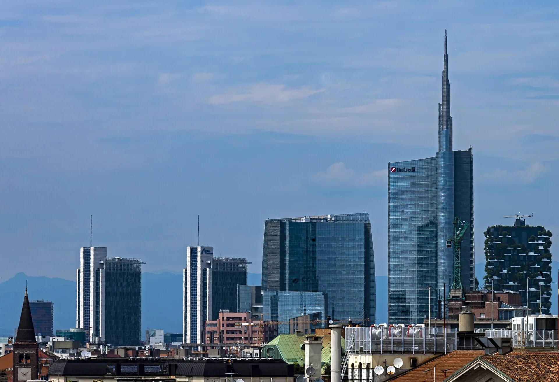 Milan's Porta Nuova business district skyline, with the UniCredit Tower and Bosco Verticale